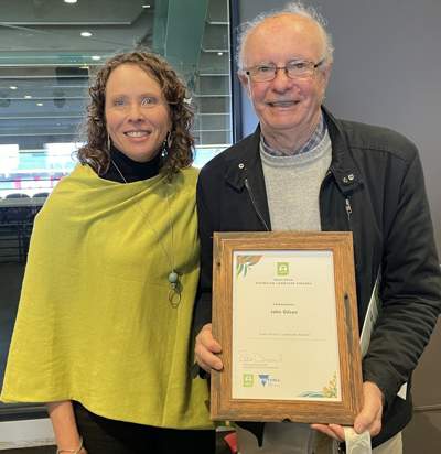 Goulburn Broken CMA Regional Landcare Coordinator Kerstie Lee with John Gilson who was commended at the Victorian Landcare Awards.